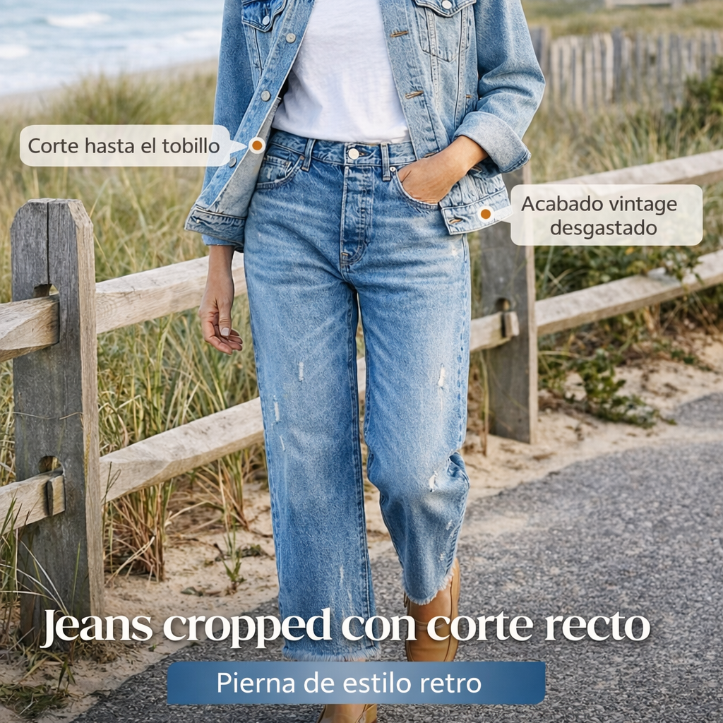 PANTALONES VAQUEROS DE PIERNA RECTA CORTOS ESTILO RETRO