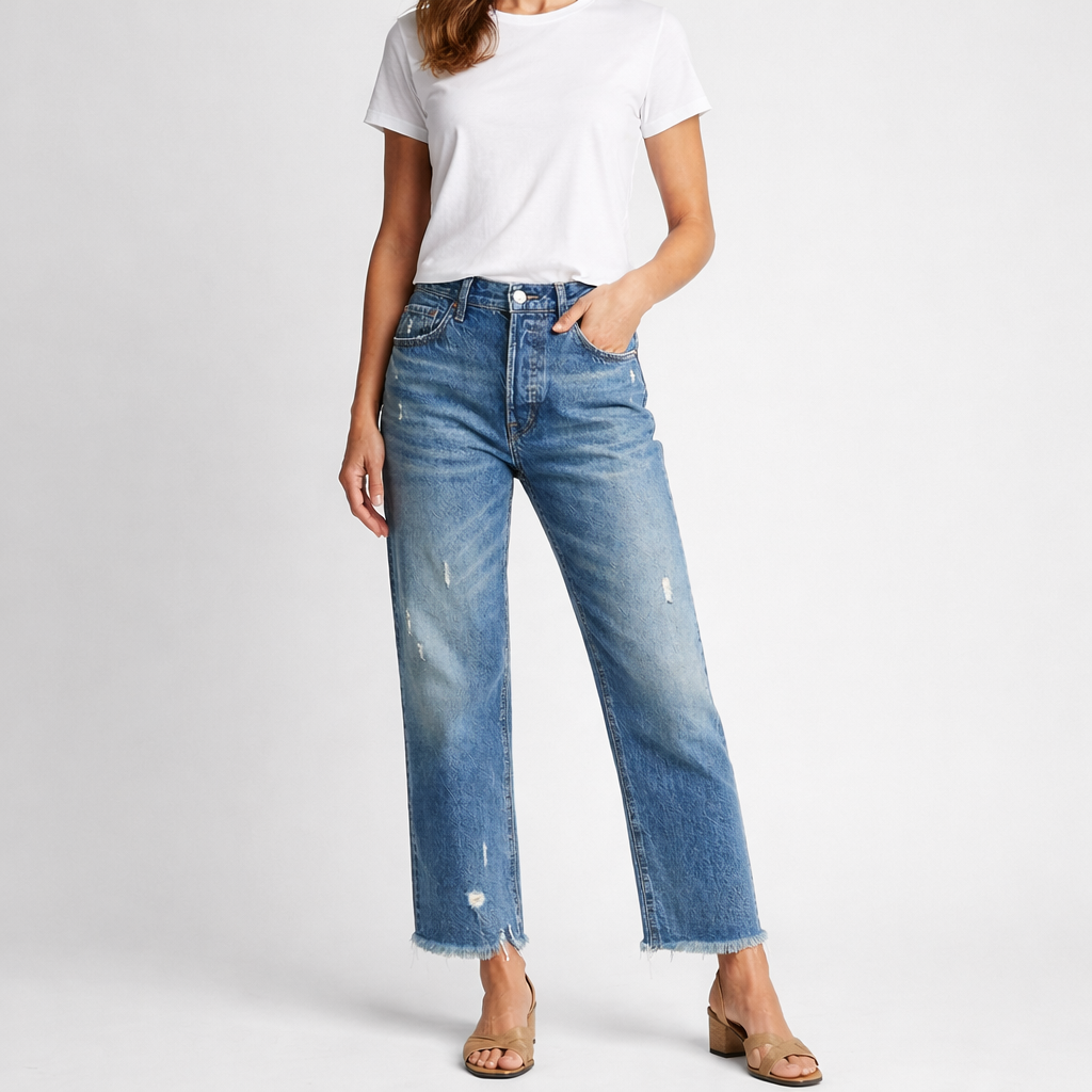 PANTALONES VAQUEROS DE PIERNA RECTA CORTOS ESTILO RETRO