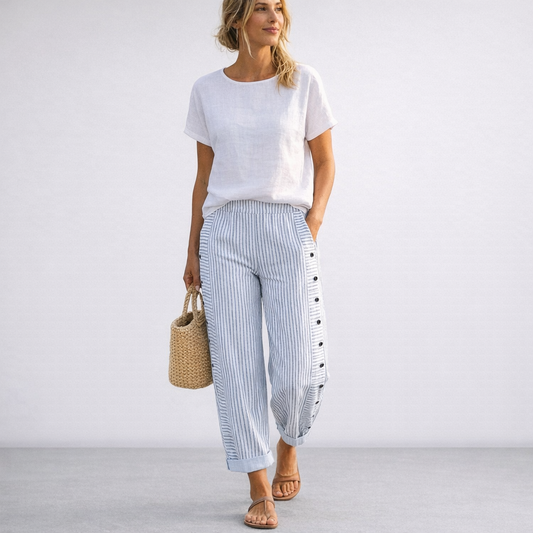 ☀️ OFERTA DE PRIMAVERA 50% DE DESCUENTO!! 🌿🌸 PANTALÓN AZUL A RAYAS CON BOLSILLOS LATERALES CÓMODO